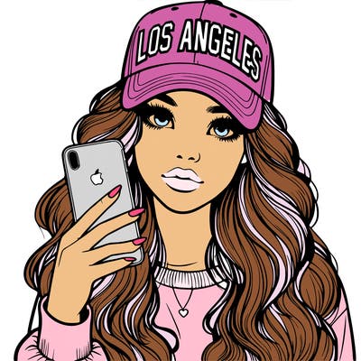 realistic beautiful girl wearing los ángeles cap holding an iphone