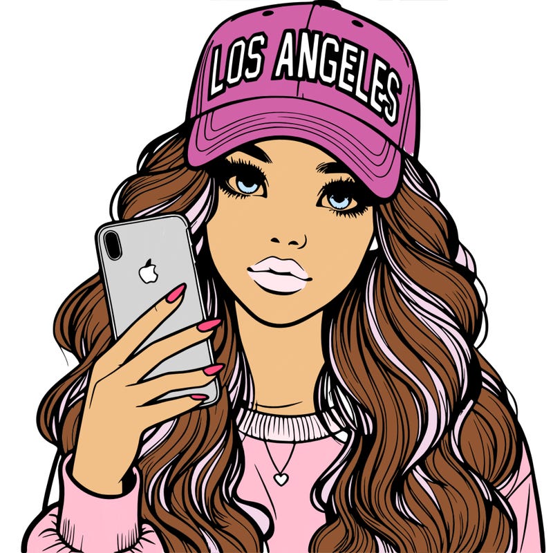 realistic beautiful girl wearing los ángeles cap holding an iphone