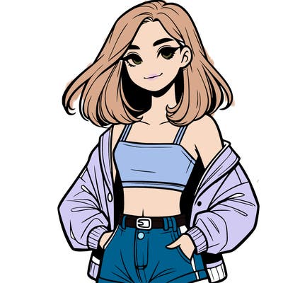 a realistic girl with a crop top and short shorts in an open jacket
