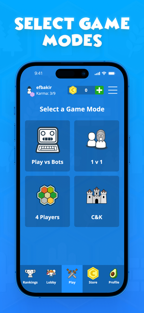 Colonist.io - Colonist.ioモバイルアプリ画面、ボットやマルチプレイヤーなどのゲームモードを選択するオプションを表示