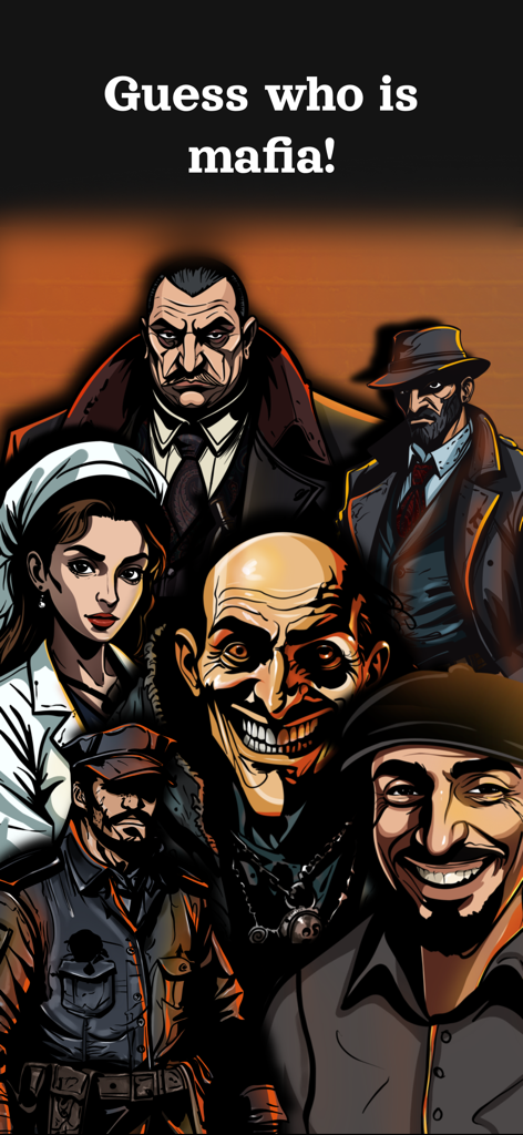 Mafia Online: Find who! - Un grupo de personajes sospechosos ilustrados del juego móvil Mafia Online con el texto Adivina quién es la mafia.