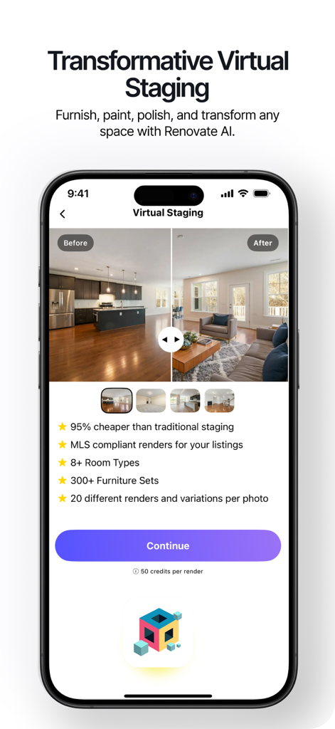 Renovate AI - Home Design - Tela do aplicativo móvel para Renovate AI mostrando uma comparação antes e depois de staging virtual de uma sala de estar mobiliada