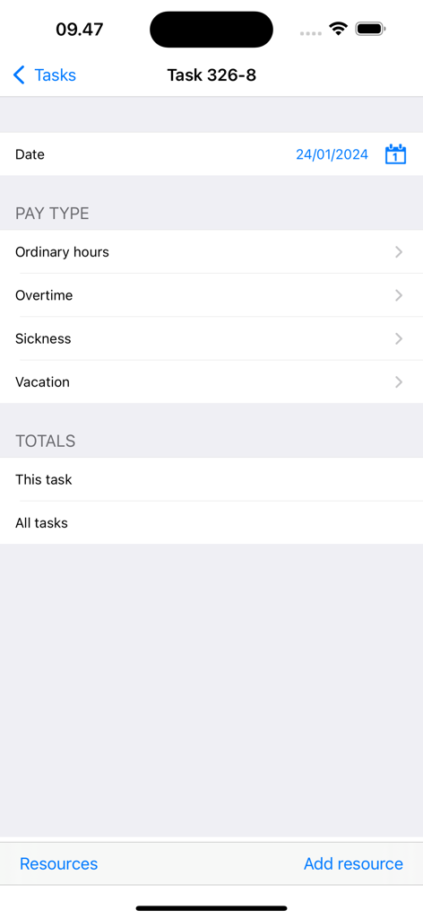 EG CrossPad - ASPECT4 - Écran de détails de la tâche dans l'application EG CrossPad ASPECT4 pour l'enregistrement des heures normales et des heures supplémentaires