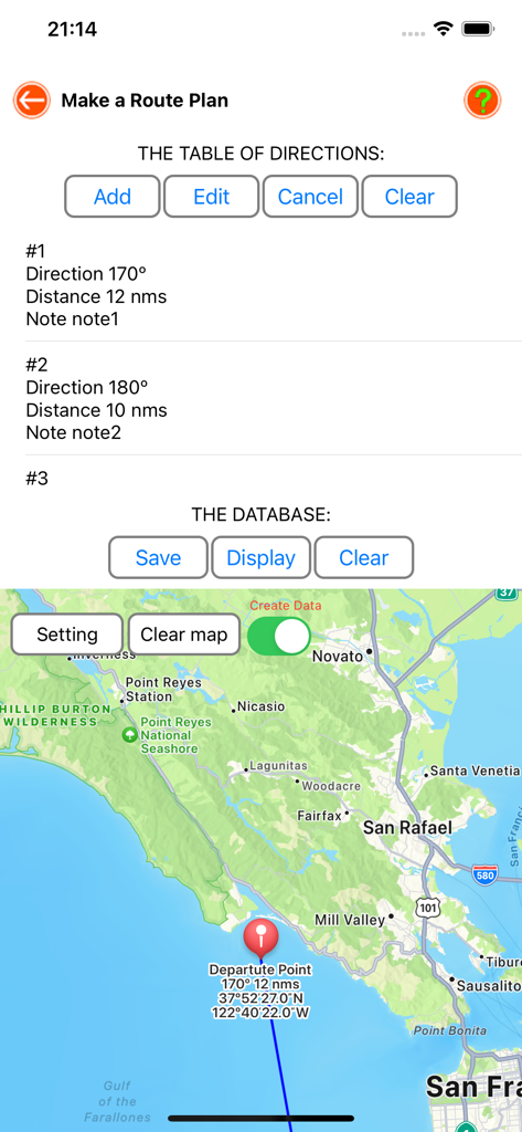 Nautical Calculator Pro - A nautical route planning screen displaying a table of directions and an interactive coastal map.