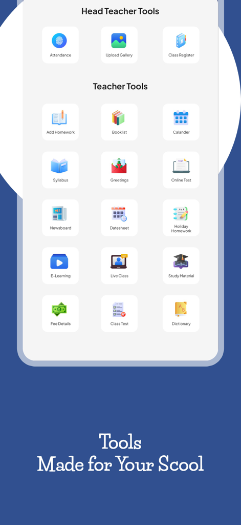 Un menu di strumenti di gestione scolastica nell'app Class ON Insegnanti per educatori