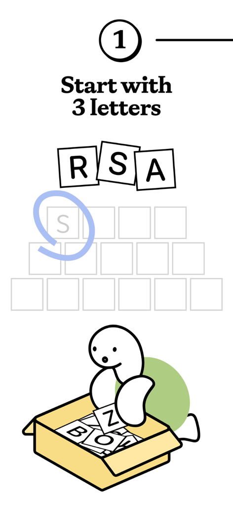 Triplit: Daily Word Game - Tutorial screen for Triplit daily word game showing the first step to start with three letters.
