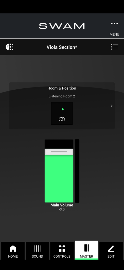 Master settings interface of the SWAM Viola Section app showing volume and room position controls
