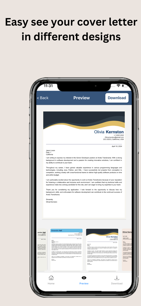 Tela do aplicativo móvel mostrando uma prévia de carta de apresentação profissional com vários modelos de design