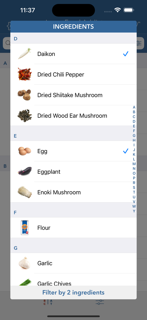 Japan Food Addict - An alphabetical list of Japanese cooking ingredients with selection checkboxes for filtering recipes.