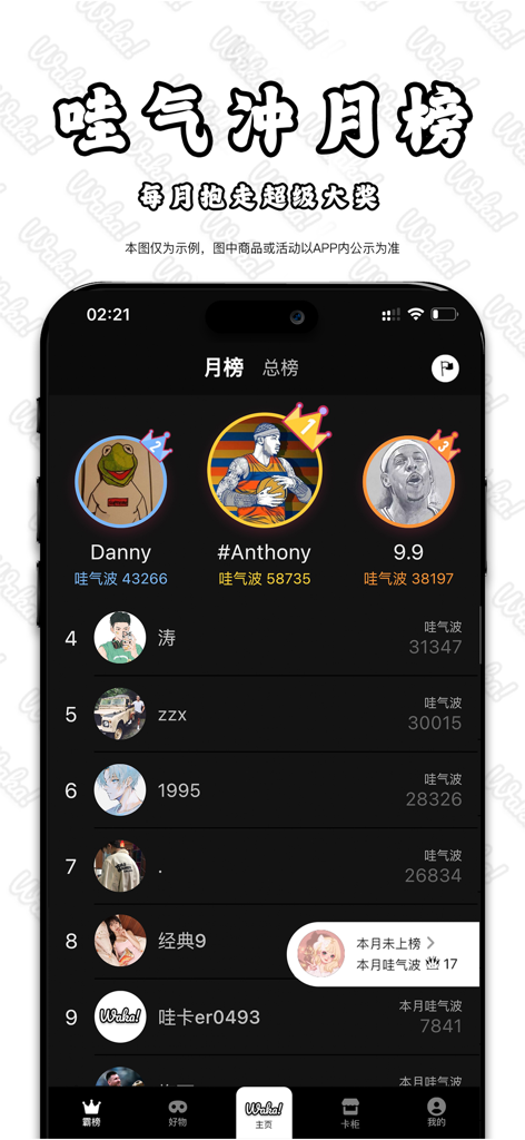 Tabla de clasificación mensual de usuarios en la aplicación de coleccionismo de cartas Waka.