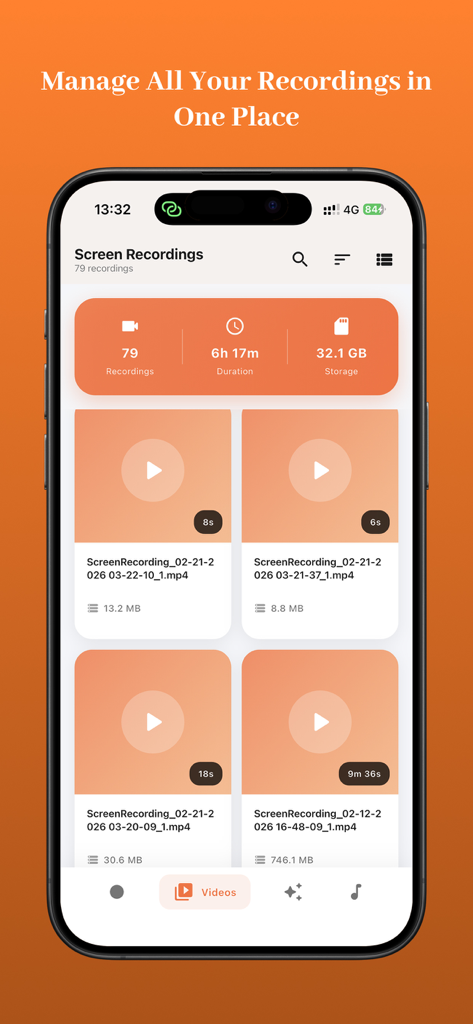 XRecorder Screen Video - XRecorder app interface showing a list of saved screen recordings with video thumbnails and file details