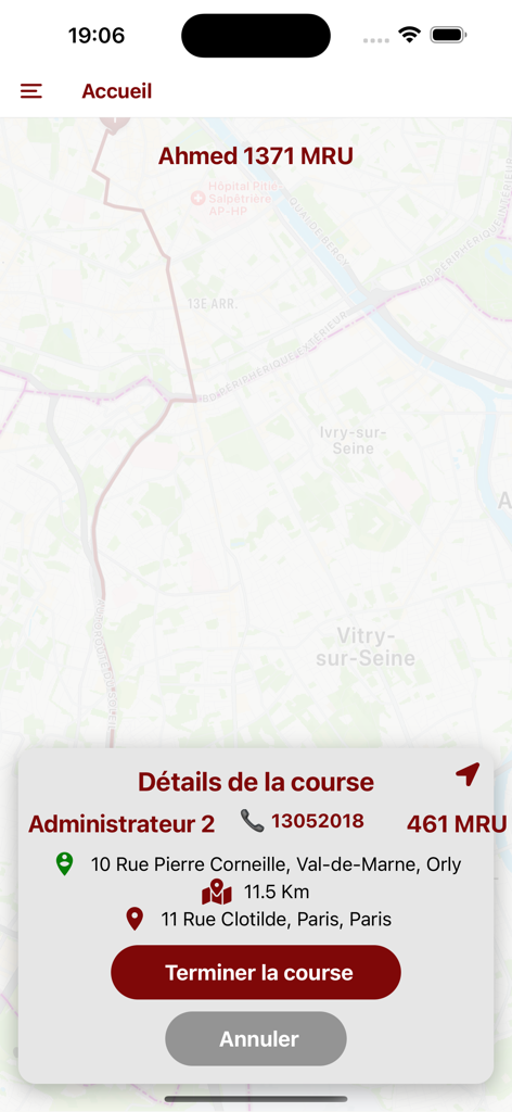 Captain Driver - Interface of the Captain Driver app showing delivery details including pickup location, distance, and trip completion buttons over a map.