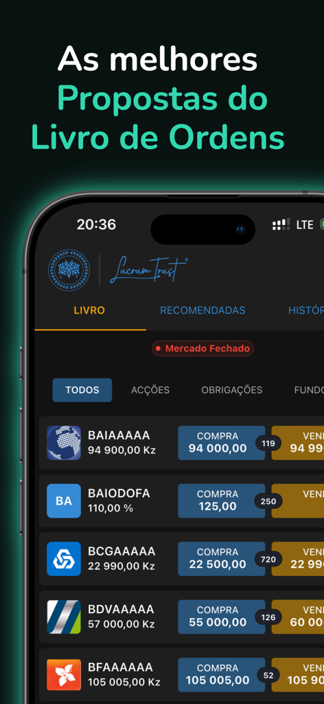 Lucrum Invest - Interface do aplicativo Lucrum Invest exibindo uma lista de propostas e dados do livro de ofertas da bolsa BODIVA de Angola