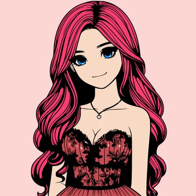 realistic girl with long hair and pretty prom dress