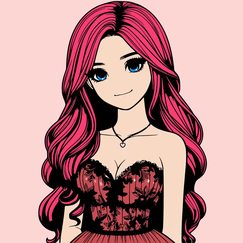realistic girl with long hair and pretty prom dress