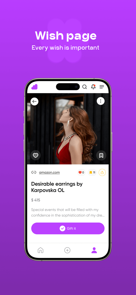 Rewish app screen showing a wishlist item with a product description and a Gift it button