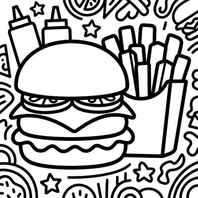 Get ready for a delicious coloring adventure with this adorable burger and fries page designed especially for toddlers. Its ultra-thick lines and simple shapes make it perfect for little hands to explore colors and boost fine motor skills.