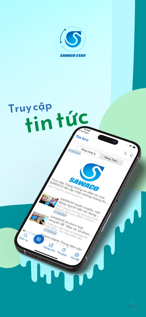 Pantalla de noticias y actualizaciones en la aplicación móvil SAWACO CSKH que muestra anuncios de servicios públicos