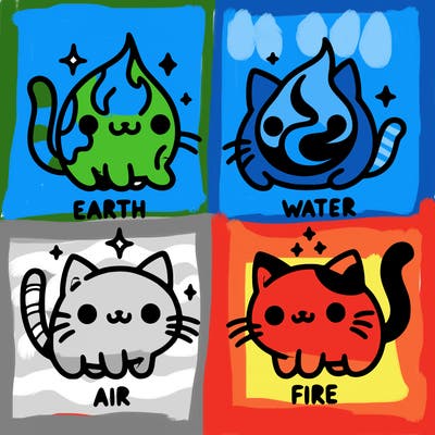 4 cats that represent the different elements, earth, water, air, and fire