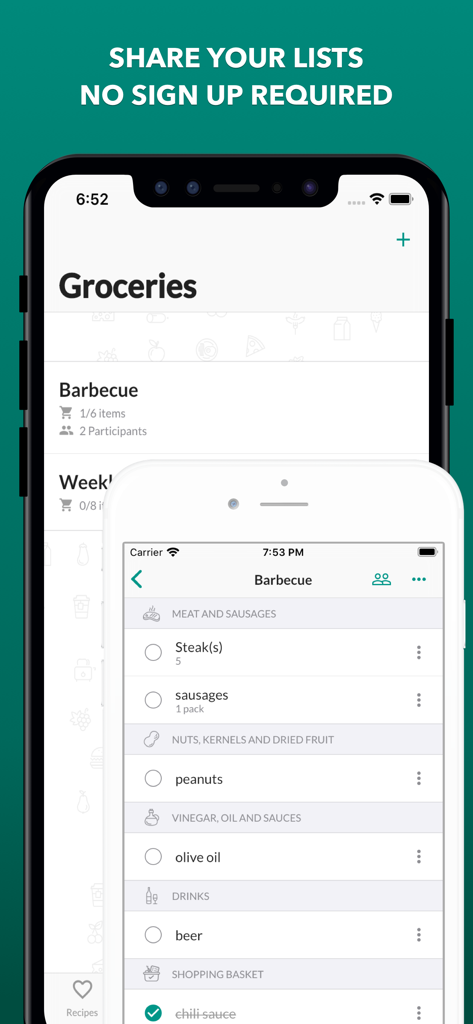 körbchen | Recipe Manager - サインアップ不要のバーベキュー用共有買い物リストを表示するモバイルインターフェース