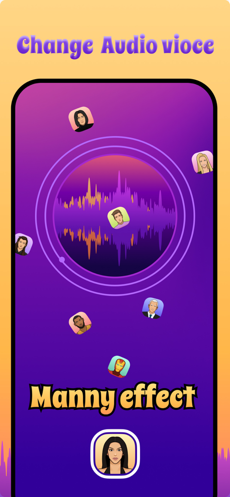 Prank Voice Changer - Prank Voice Changer app interface featuring the Manny voice effect and an audio waveform.