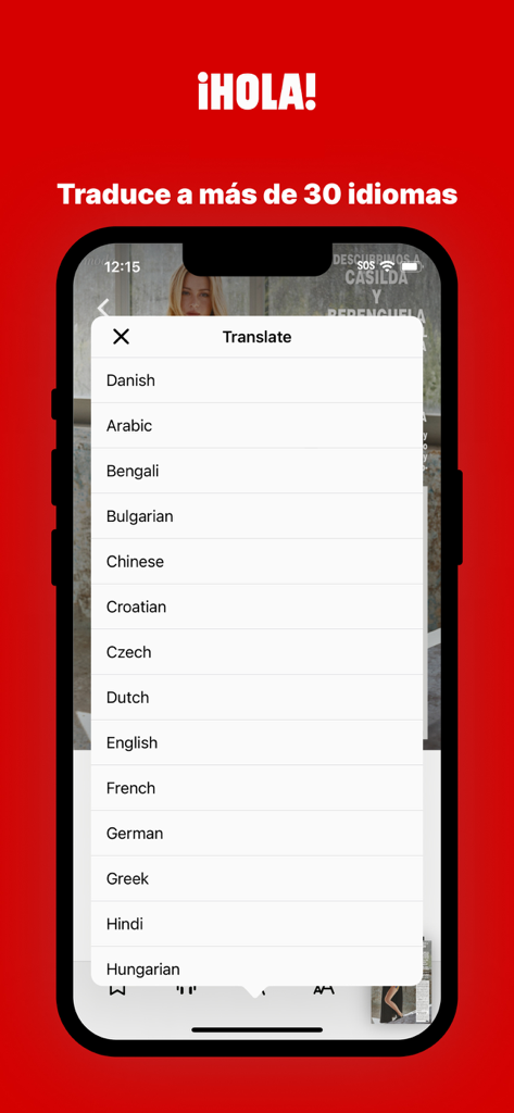 A phone screen showing the HOLA ESPAÑA magazine app with a list of translation languages