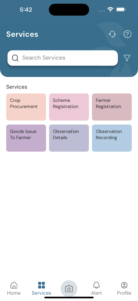 FarmERP app services menu featuring crop procurement, scheme registration, farmer registration, and observation recording tiles.