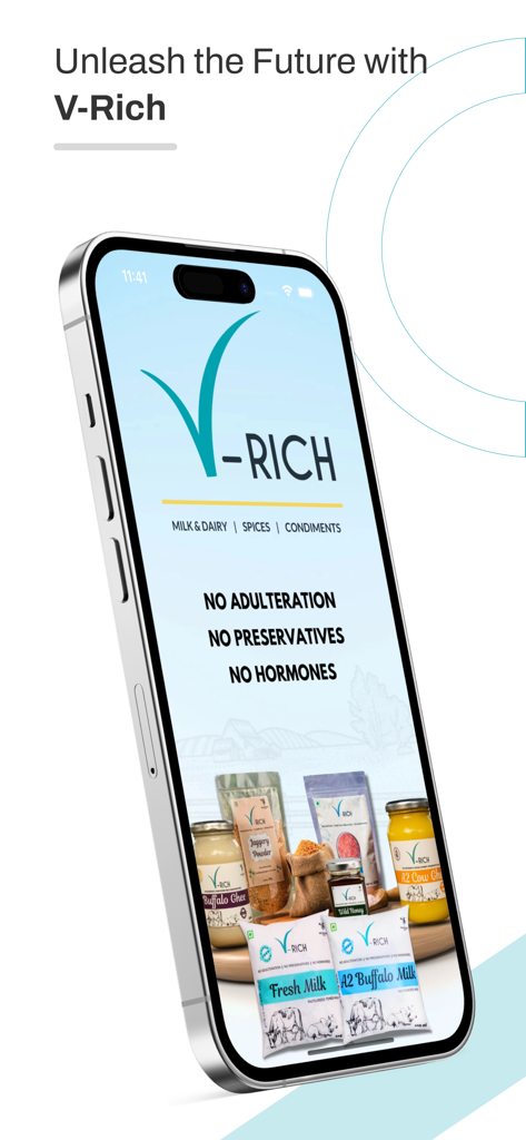 V-Rich Products - Smartphone displaying the V-Rich app with fresh milk and ghee products.