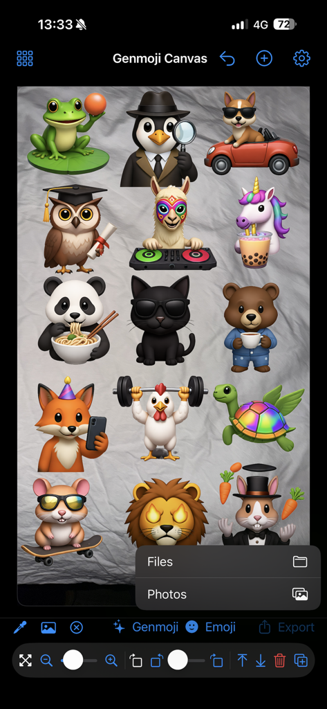 A collection of creative genmoji characters on a textured background in the Genmoji Studio Canvas app