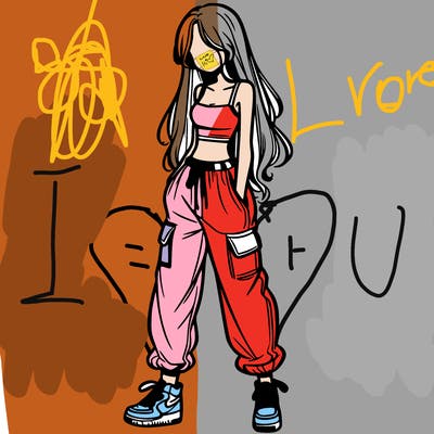 girl in baggy pants crop top and long hair