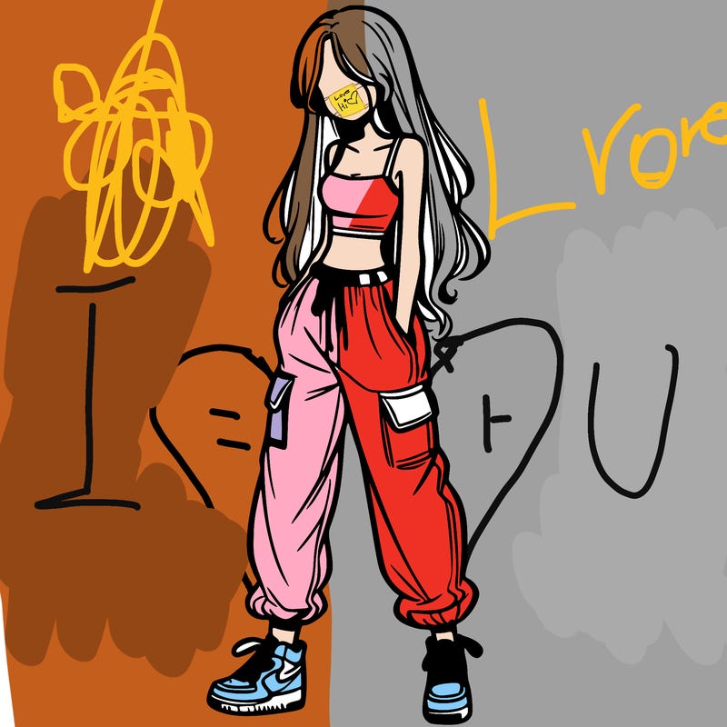 girl in baggy pants crop top and long hair