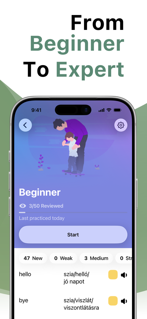 こんにちはとさようならの初心者向け語彙を示すLENGOアプリのハンガリー語学習インターフェース