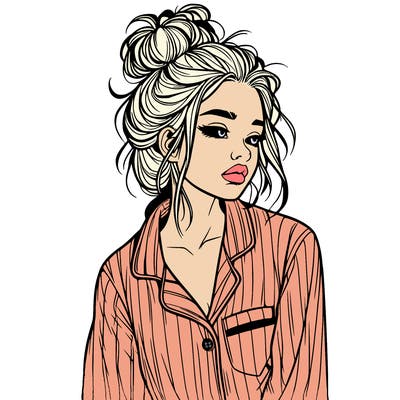 realistic woman with pajamas on and a messy bun