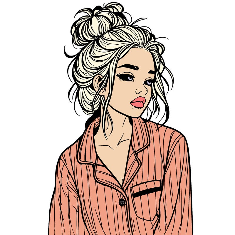 realistic woman with pajamas on and a messy bun