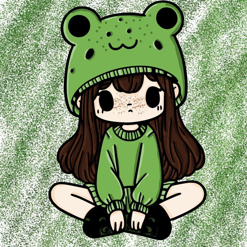 a girl wearing a frog hat and some frog socks