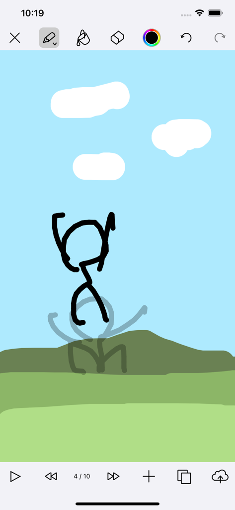 Una interfaz de dibujo digital que muestra un fotograma de animación simple de una figura de palo con colinas y nubes