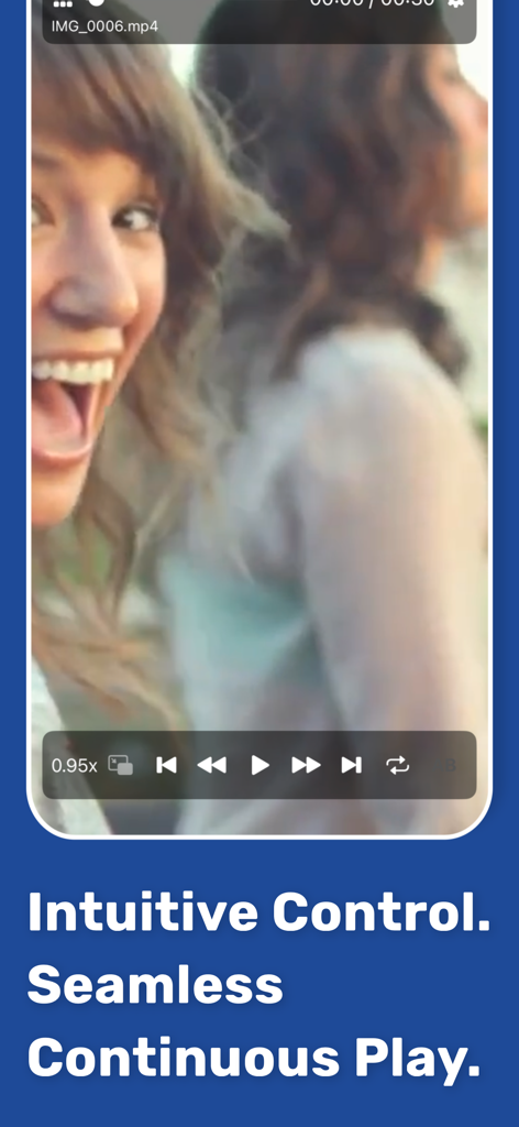 Mugen Player - Interface do app Mugen Player mostrando um vídeo com reprodução intuitiva e controles de reprodução contínua e sem interrupções