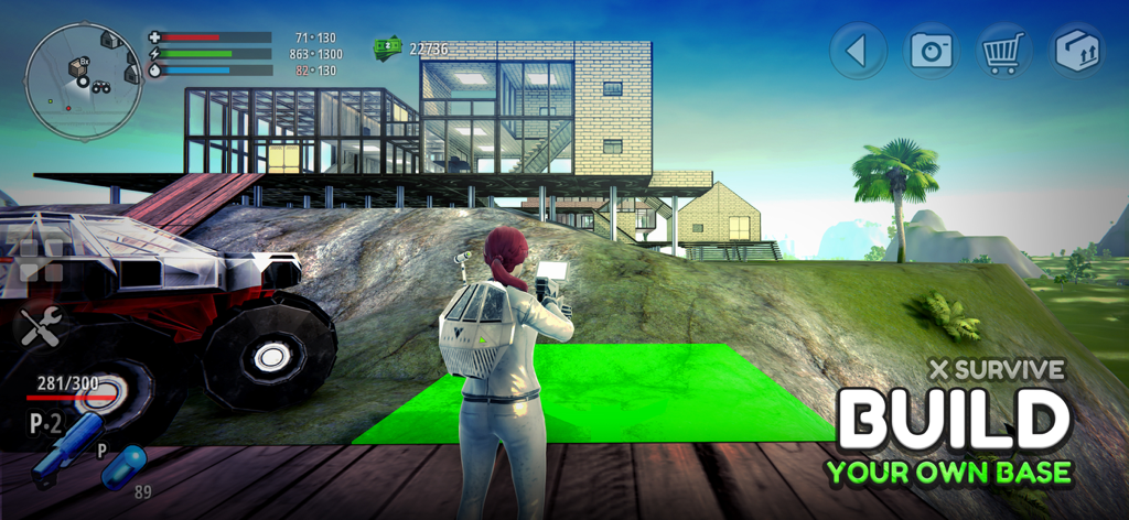 X Survive: Open World Sandbox - A character constructing a futuristic glass base in the X Survive open world sandbox game