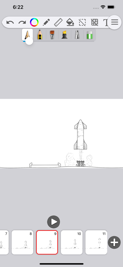 Animation Studio – FlipBook - Editor de Animation Studio FlipBook mostrando el dibujo cuadro por cuadro de un lanzamiento de cohete