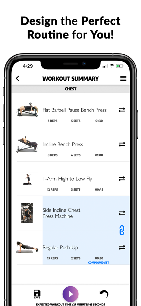 Exerprise Workout Meal Planner - Exerprise app workout summary screen showing a customized chest routine with sets and reps