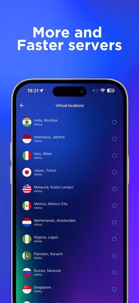 Interfaz de la aplicación GVPN que muestra una lista de ubicaciones de servidores virtuales en múltiples países con tiempos de ping rápidos