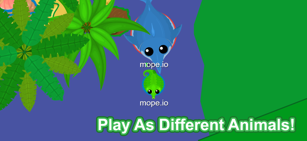 mope.io - Ein blauer Schwertfisch und ein grünes Seepferdchen im mope.io-Spiel mit dem Text 'Spiele als verschiedene Tiere'