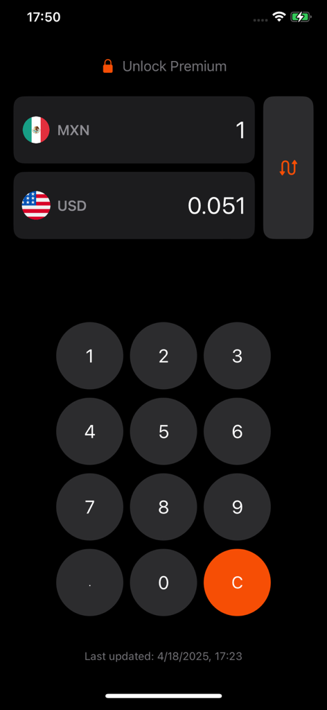 Pesos to dollar - Interface of the Pesos to dollar app showing a conversion of one Mexican Peso to US Dollars with a numeric keypad