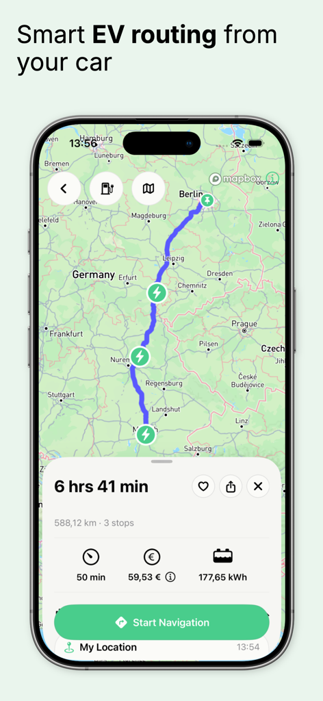 StromNow EV Charging Map - Aplicación StromNow mostrando una ruta de vehículo eléctrico de larga distancia con paradas de carga planificadas y costos de viaje estimados
