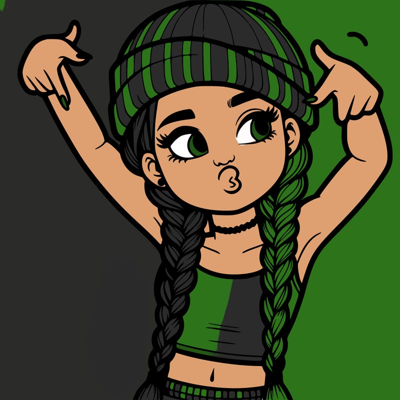 realistic teenage girl with braids and a beanie and crop top doing 🫶🏼