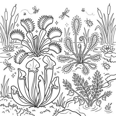 Dive into the intriguing ecosystem of wetland carnivorous plants with this captivating coloring page. Featuring various species like Venus flytraps and pitcher plants, it offers a unique blend of nature and creativity.
