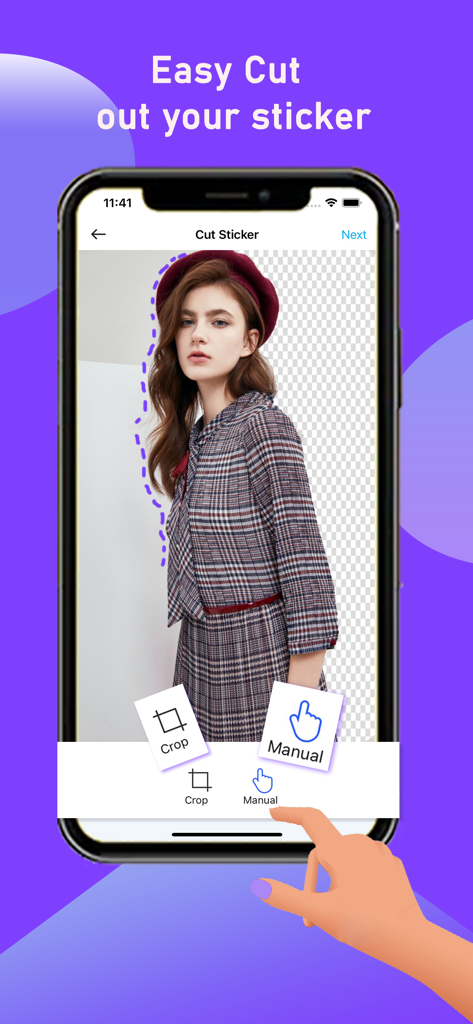 Text Stickers - Sticker Maker - Interface d'application mobile montrant l'outil de découpe manuelle pour créer des autocollants personnalisés à partir de photos