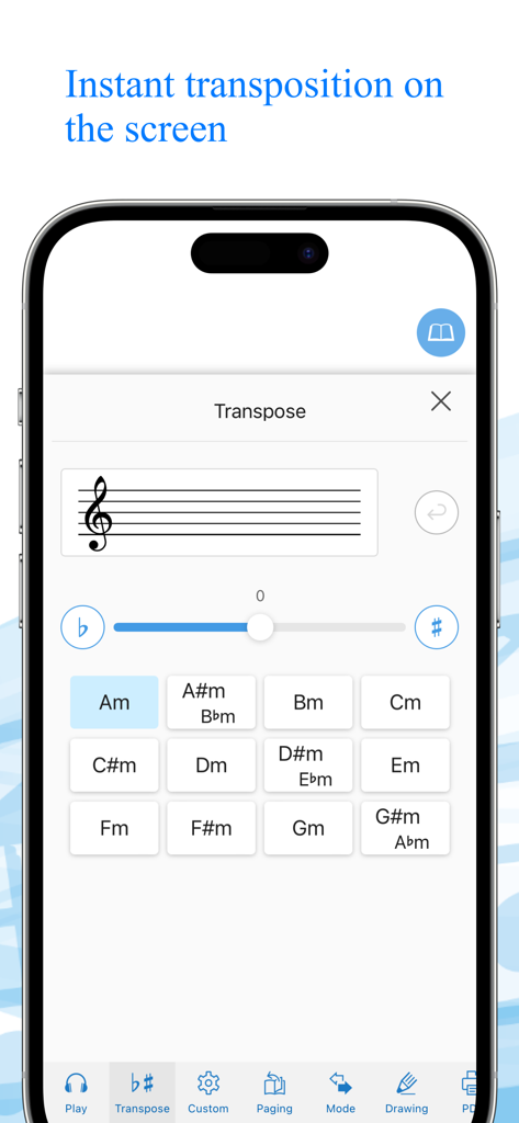 Canon Viewer - Sheet music - Smartphone screen showing the instant transposition interface in the Canon Viewer app with a grid of musical keys and a transposition slider.