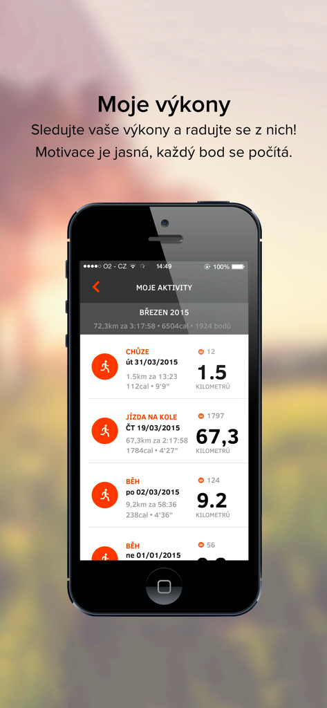 EPP – Pomáhej pohybem - EPP app screen showing fitness tracking history for walking cycling and running with points earned for charity projects