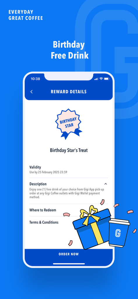 Gigi Coffee - Gigi Coffee app birthday reward screen showing a free drink offer